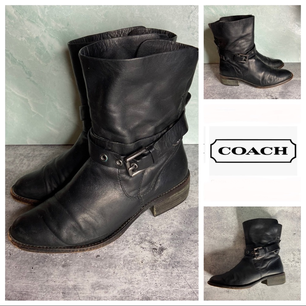 Coach Black Leather Jesika Booties With Buckle & Strap